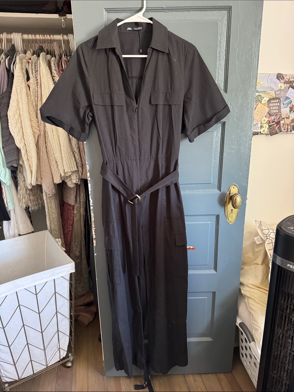 Zara Black Short-Sleeve Utility Jumpsuit with Belt
